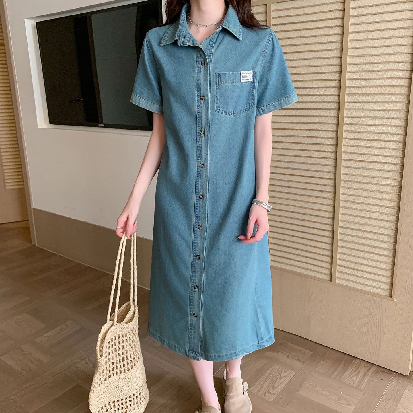 실사 새로운 여름 반팔 캐주얼 루즈핏 데님 여성 드레스 새로운 항구 바람 레트로 셔츠 치마