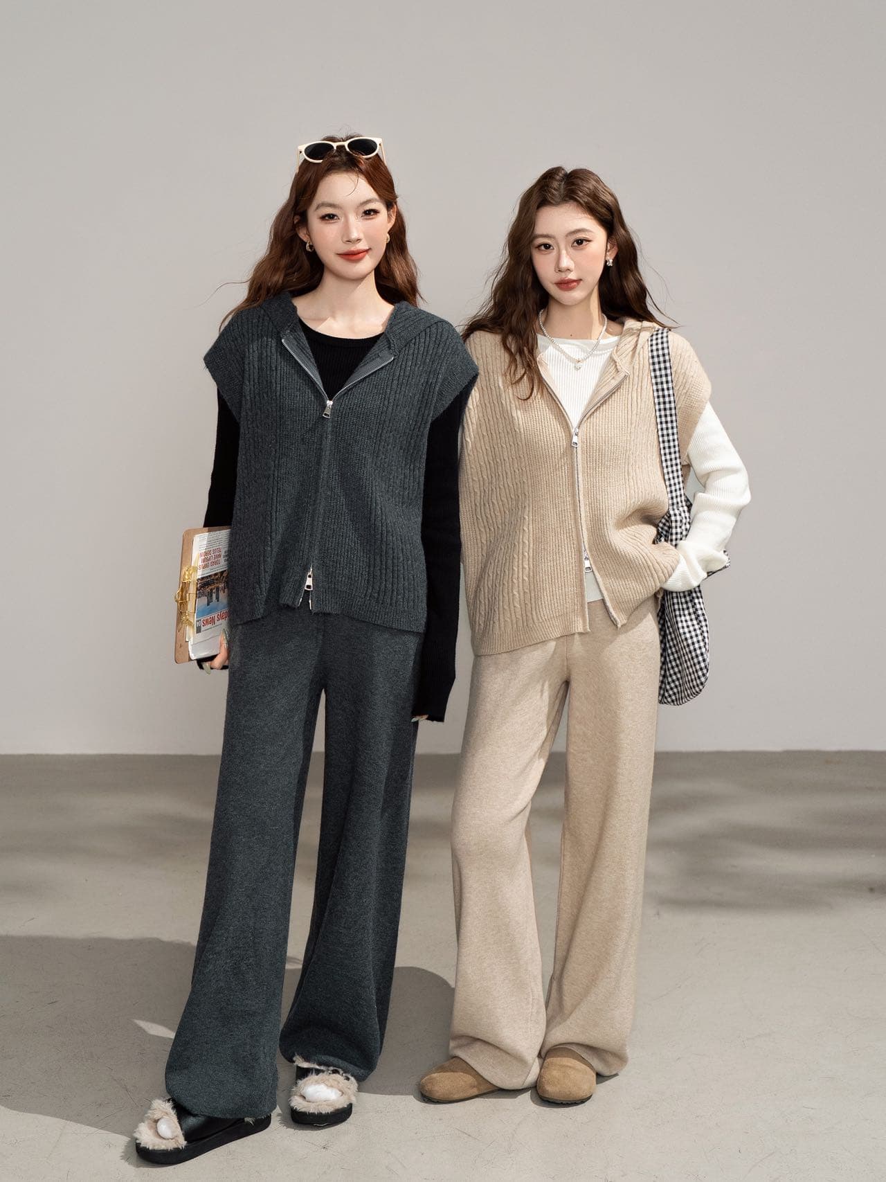실사 한 부서 느긋한 바람 고유 한 Chic 레트로 3종 세트 후드 패치워크 니트 베스트 와이드 레그 팬츠 상세 이미지 7