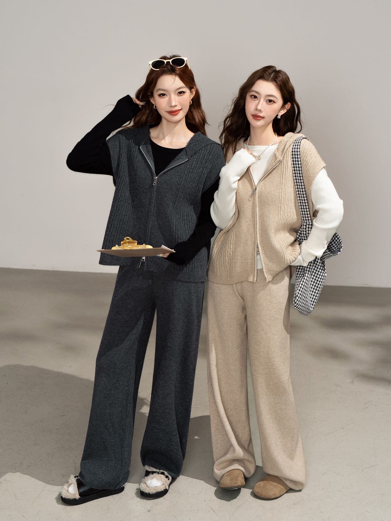 실사 한 부서 느긋한 바람 고유 한 Chic 레트로 3종 세트 후드 패치워크 니트 베스트 와이드 레그 팬츠 상세 이미지 8