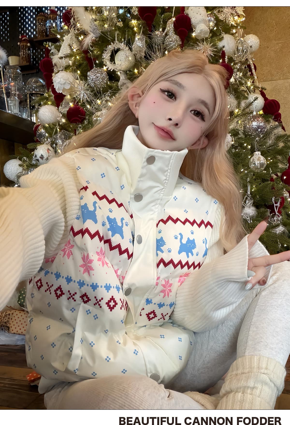 달콤한 차가운 공정한 섬 패치워크 니트 스탠드 칼라 면 의류 여성 겨울 한 부서 솜을 넣은 보온 두꺼운 슬림해 보이는 면 옷 재킷 상세 이미지 2