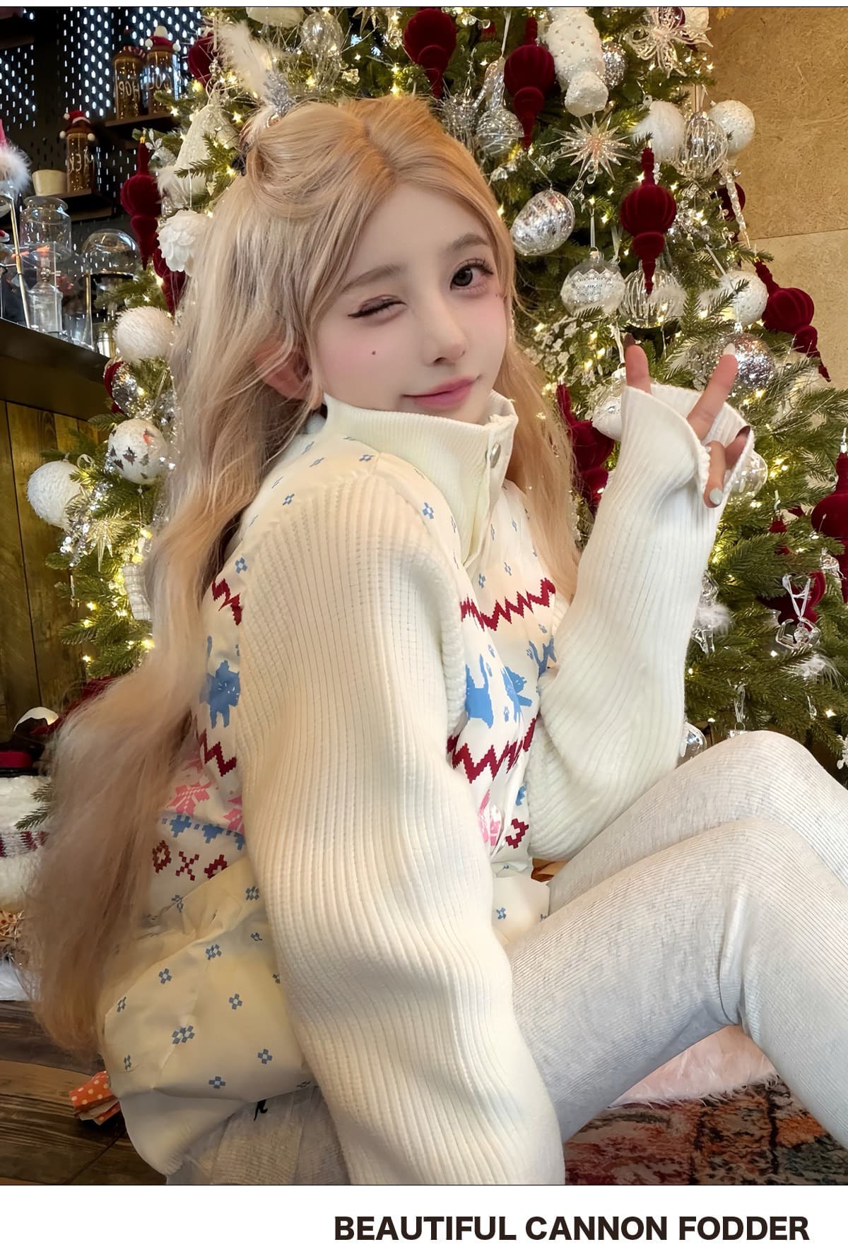 달콤한 차가운 공정한 섬 패치워크 니트 스탠드 칼라 면 의류 여성 겨울 한 부서 솜을 넣은 보온 두꺼운 슬림해 보이는 면 옷 재킷 상세 이미지 4