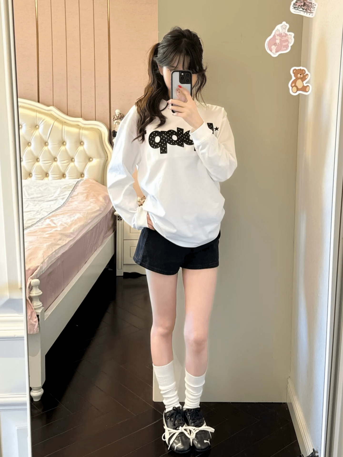 21 순면 이후 패키지 칼라 뭉치 구두 긴팔 프린트 티셔츠 여성 루즈핏 라운드 넥 맨위 이미지 3