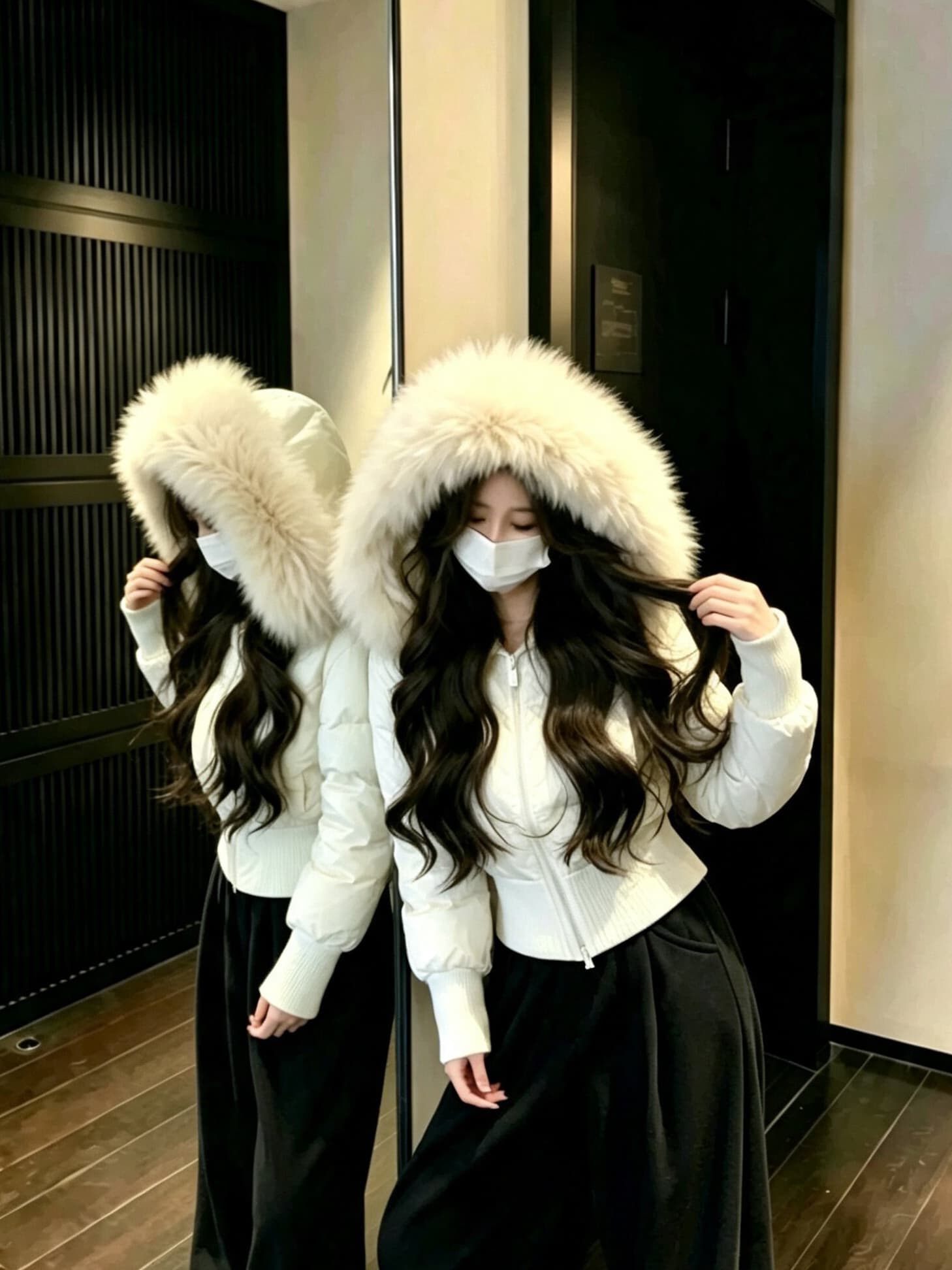 한 부서 네리 털이 있는 방수 가죽 표면 허리 수축 패딩 재킷 다운 코트 겨울 재킷 두꺼움 목화 진딧물 면 의류 여성 상세 이미지 2