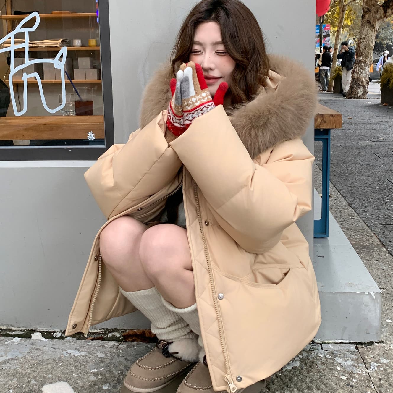 큰 모피 칼라 핑크색 후드 아래 면화 의류 여성 겨울 새로운 작은 키 달콤함 보온 클립 목화 진딧물 두꺼운 재킷 이미지 3