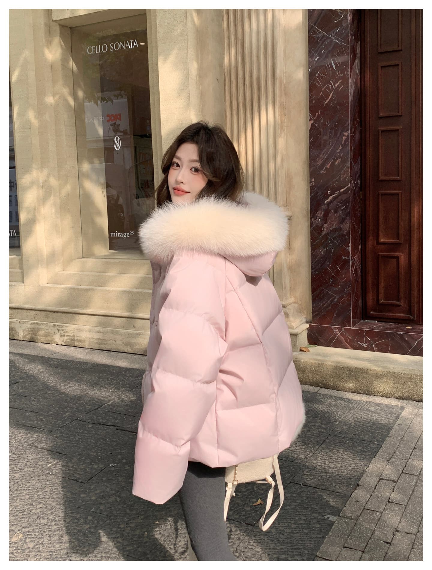 큰 모피 칼라 핑크색 후드 아래 면화 의류 여성 겨울 새로운 작은 키 달콤함 보온 클립 목화 진딧물 두꺼운 재킷 상세 이미지 13