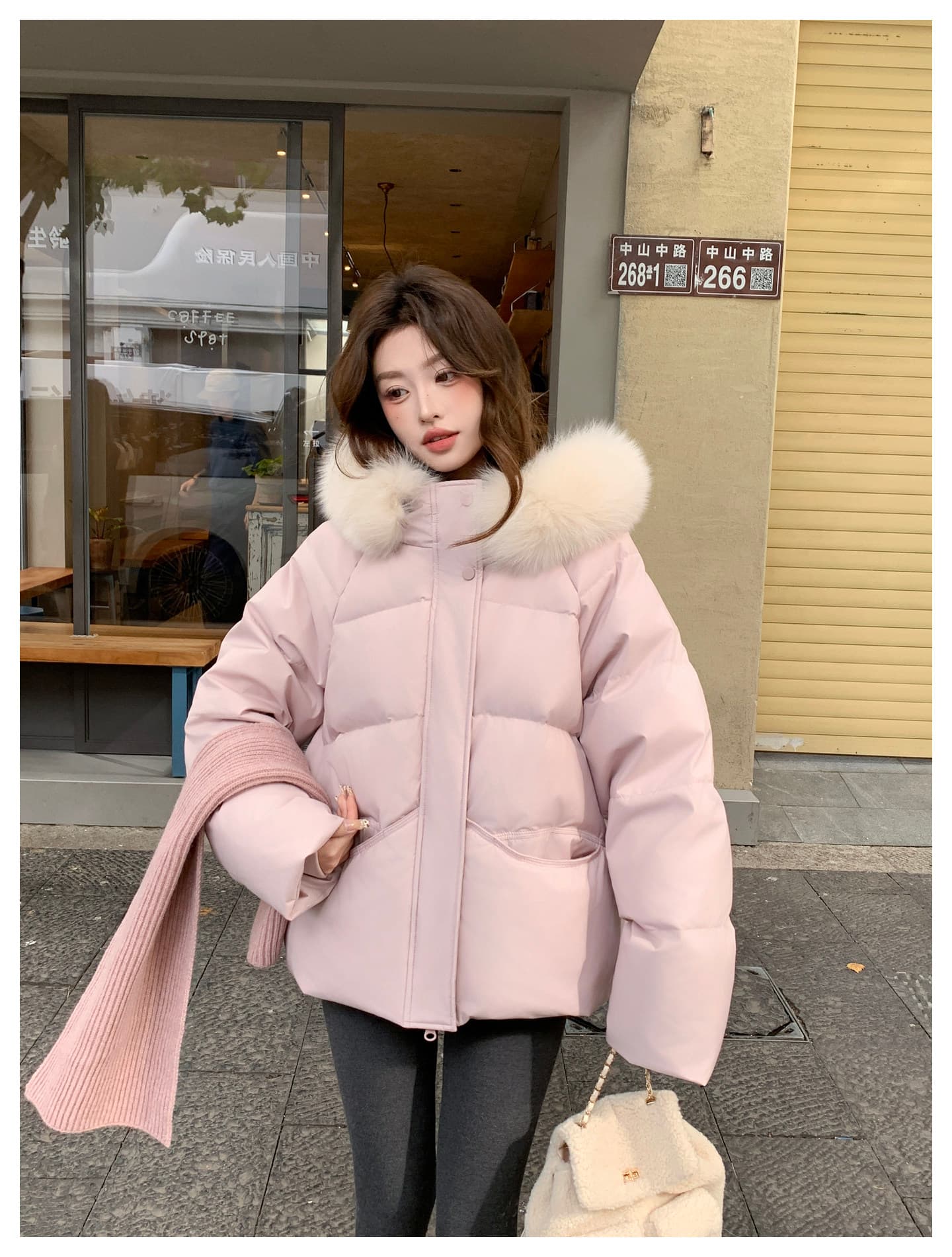 큰 모피 칼라 핑크색 후드 아래 면화 의류 여성 겨울 새로운 작은 키 달콤함 보온 클립 목화 진딧물 두꺼운 재킷 상세 이미지 15