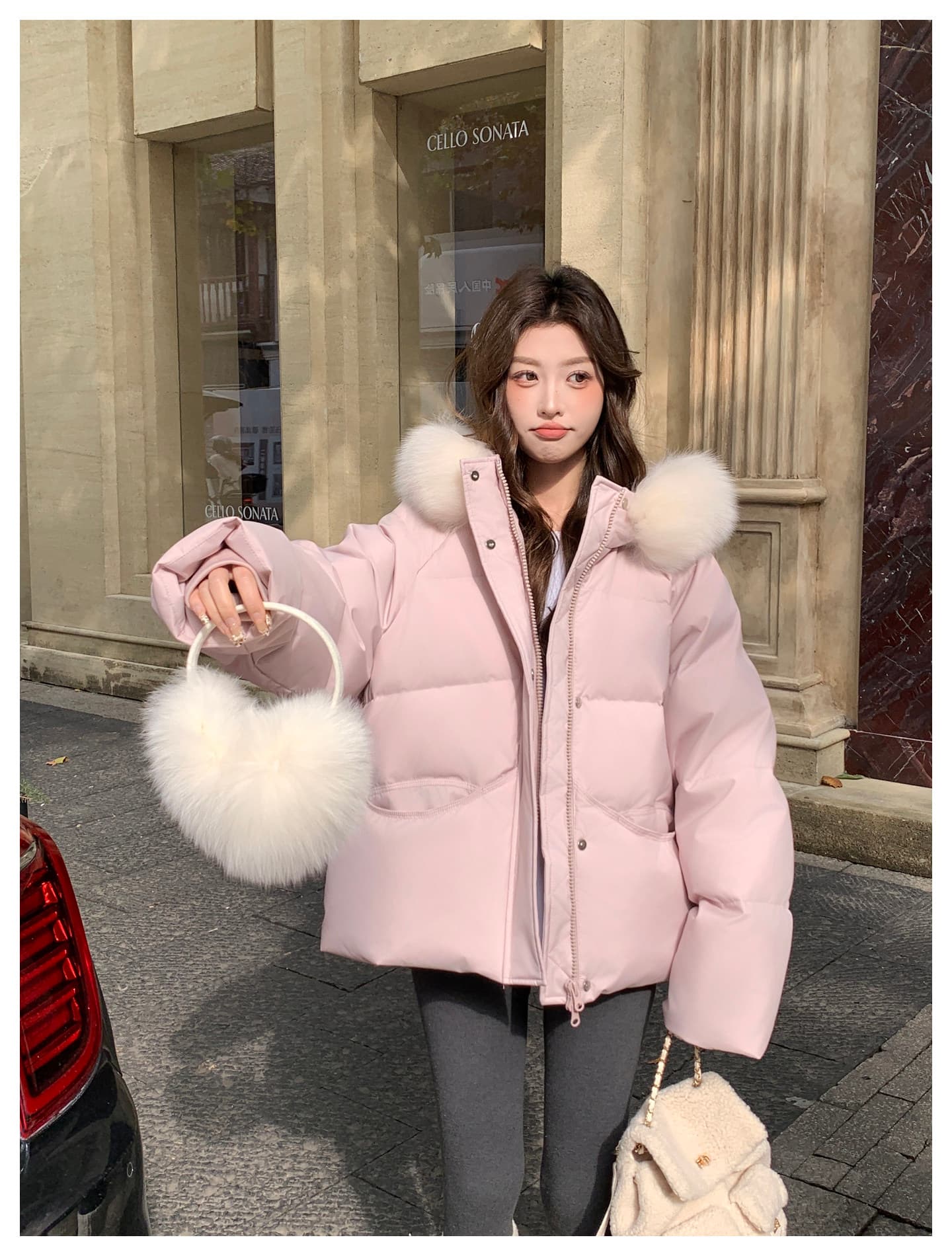 큰 모피 칼라 핑크색 후드 아래 면화 의류 여성 겨울 새로운 작은 키 달콤함 보온 클립 목화 진딧물 두꺼운 재킷 상세 이미지 16