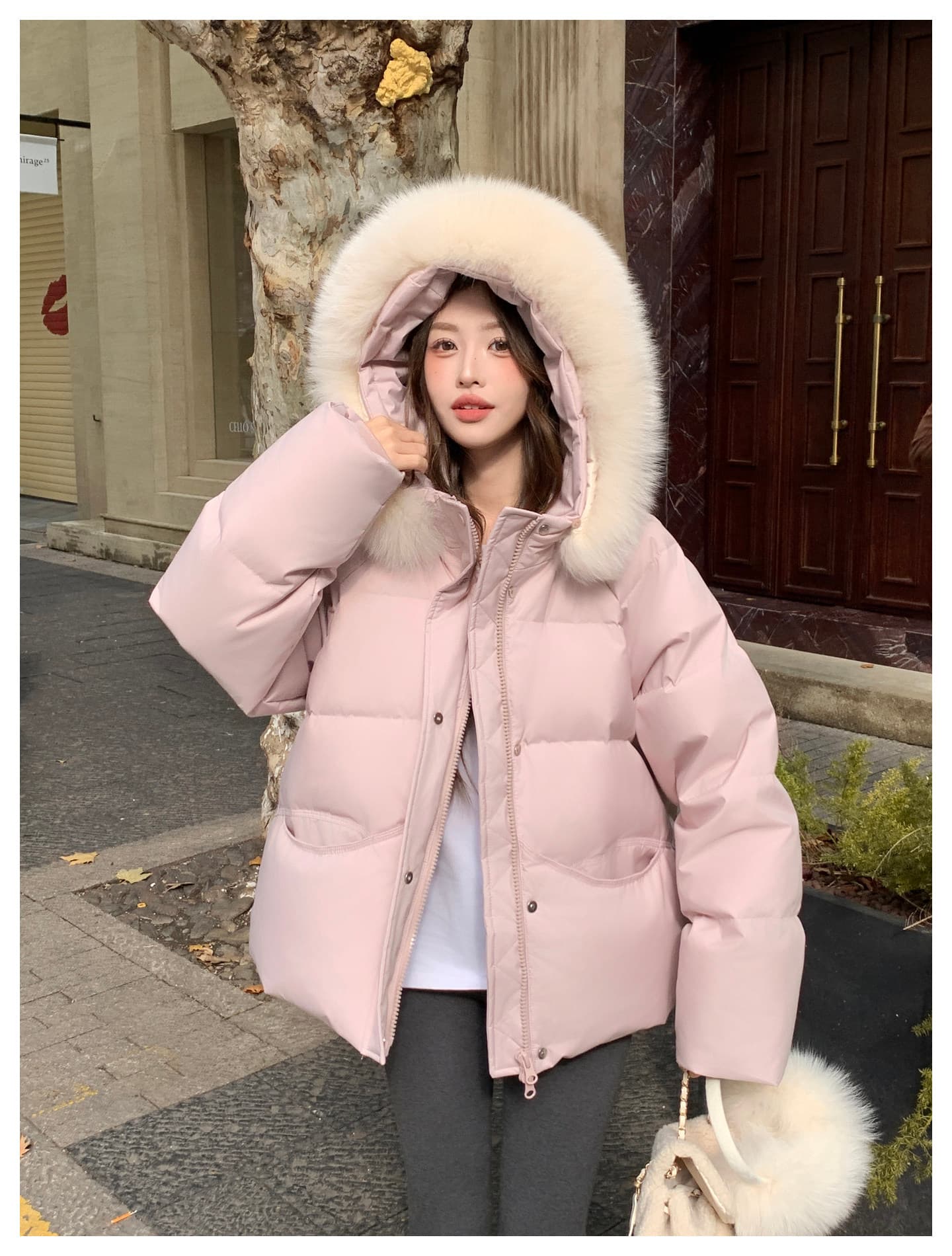 큰 모피 칼라 핑크색 후드 아래 면화 의류 여성 겨울 새로운 작은 키 달콤함 보온 클립 목화 진딧물 두꺼운 재킷 상세 이미지 17