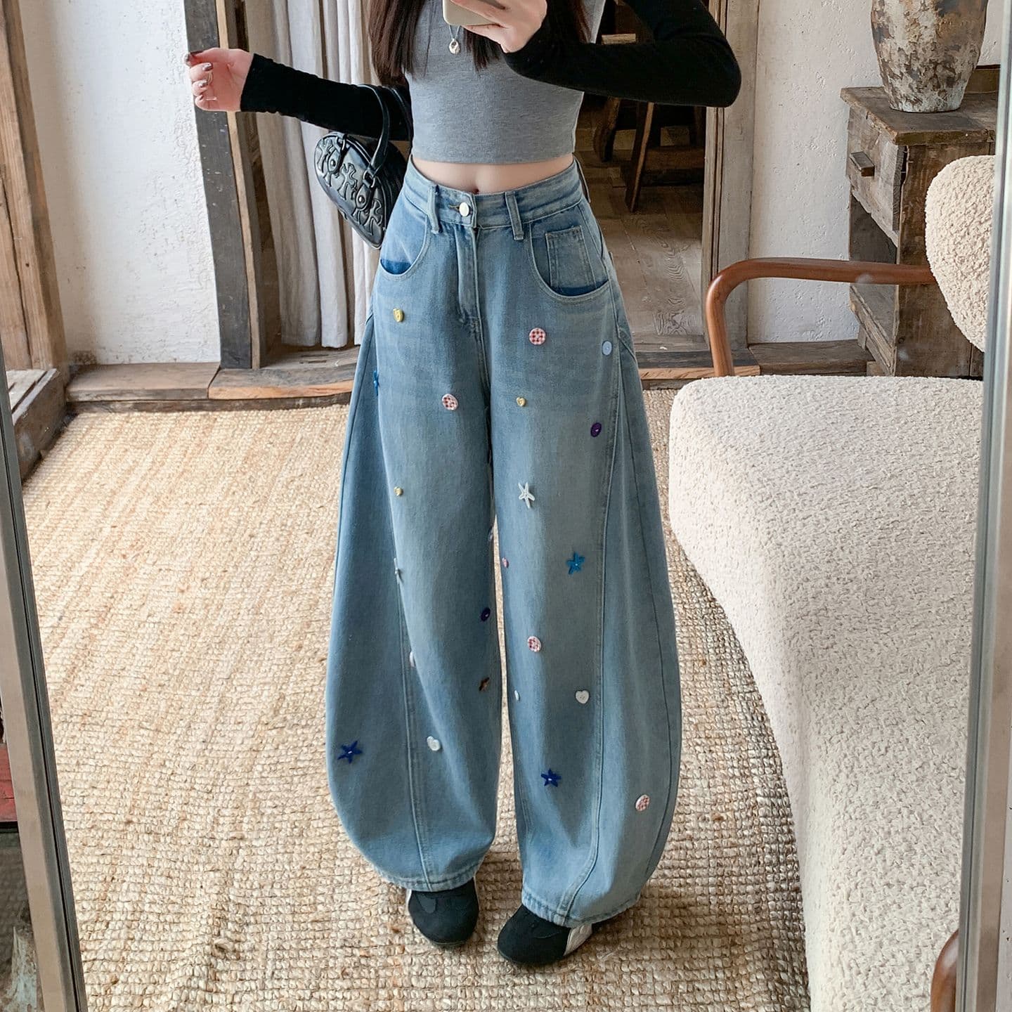 실사 색상 단추 청바지 여성 가을 디자인 센스 모통이 칼 바지 높음 거리 루즈핏 넓은 다리 길이 바지 이미지 5