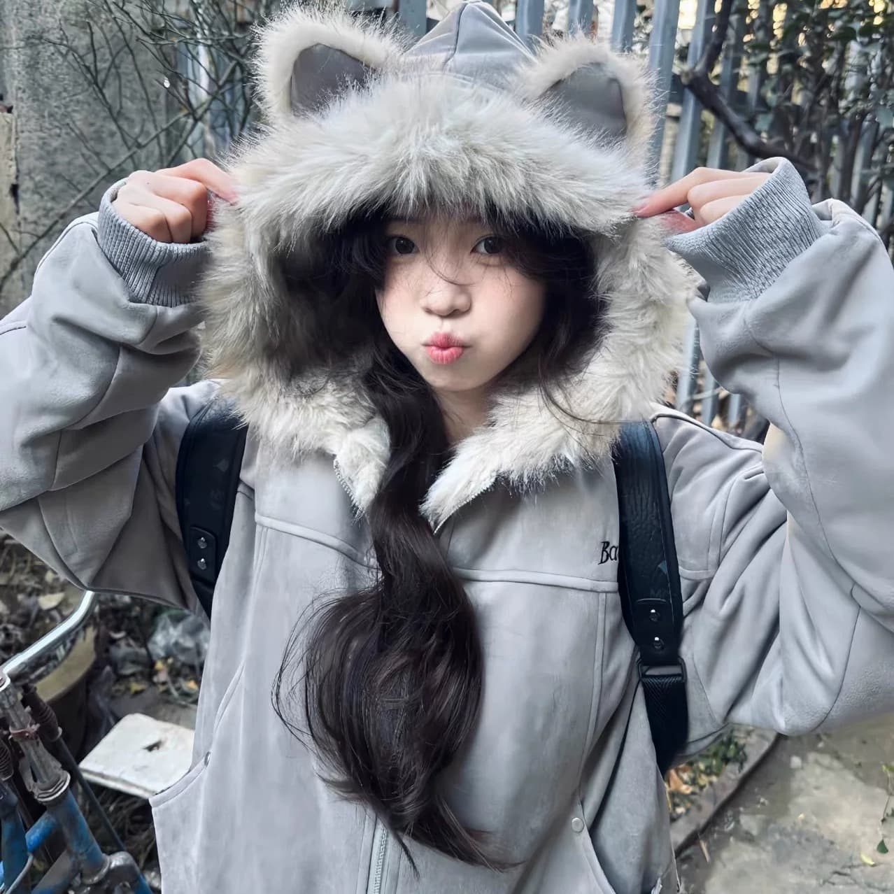 좌 산 조각 고양이 귀 머리 칼라 후드 면 의류 여성 겨울 새로운 아메리칸 쇼트 스타일 스웨이드 플리스 두꺼운 재킷 커플 이미지 2