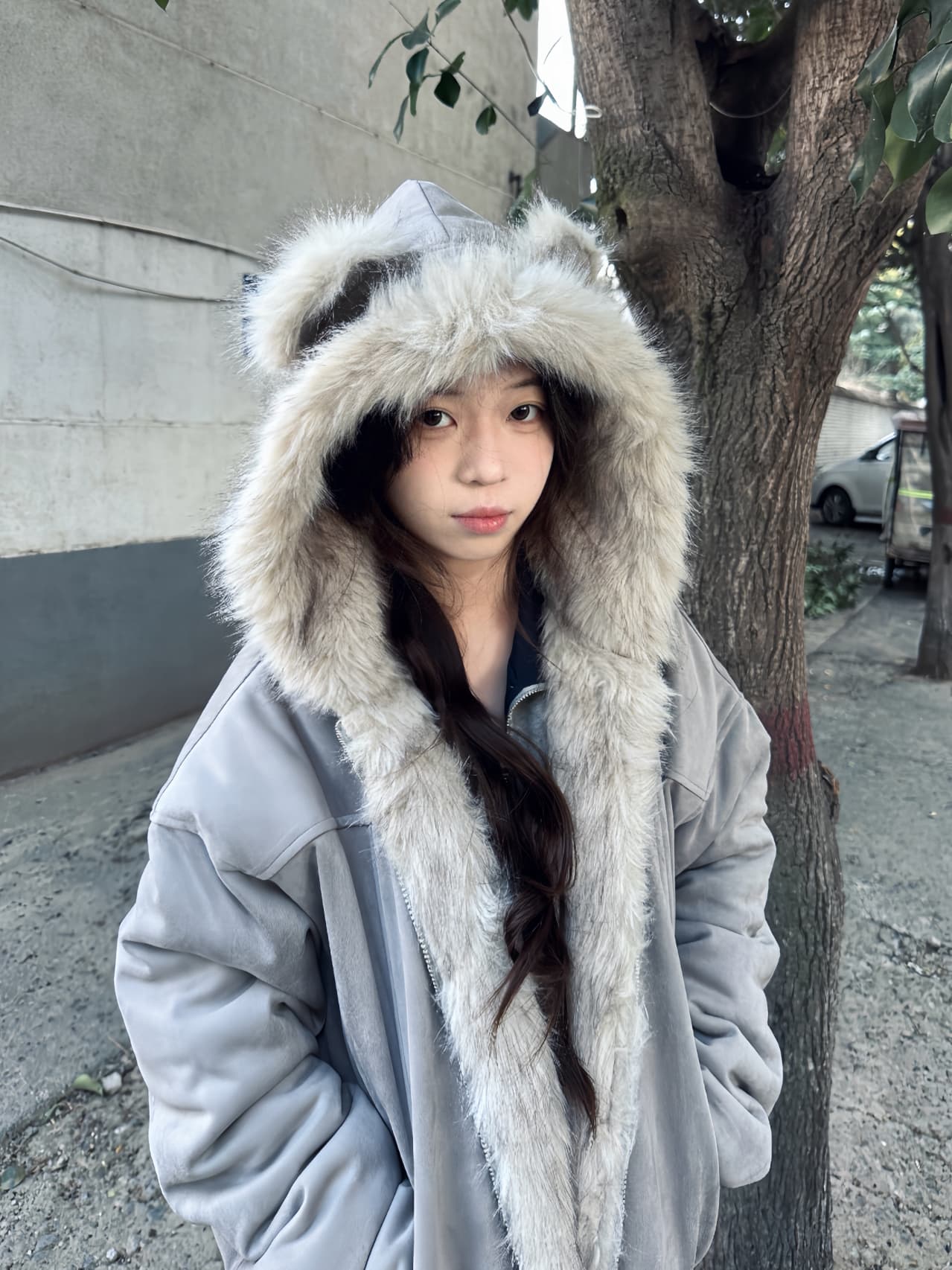 좌 산 조각 고양이 귀 머리 칼라 후드 면 의류 여성 겨울 새로운 아메리칸 쇼트 스타일 스웨이드 플리스 두꺼운 재킷 커플 이미지 5