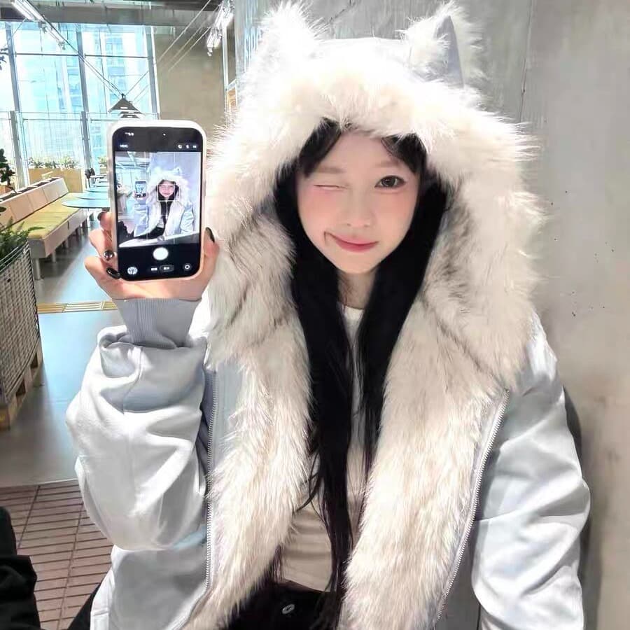 좌 산 조각 고양이 귀 머리 칼라 후드 면 의류 여성 겨울 새로운 아메리칸 쇼트 스타일 스웨이드 플리스 두꺼운 재킷 커플 이미지 3