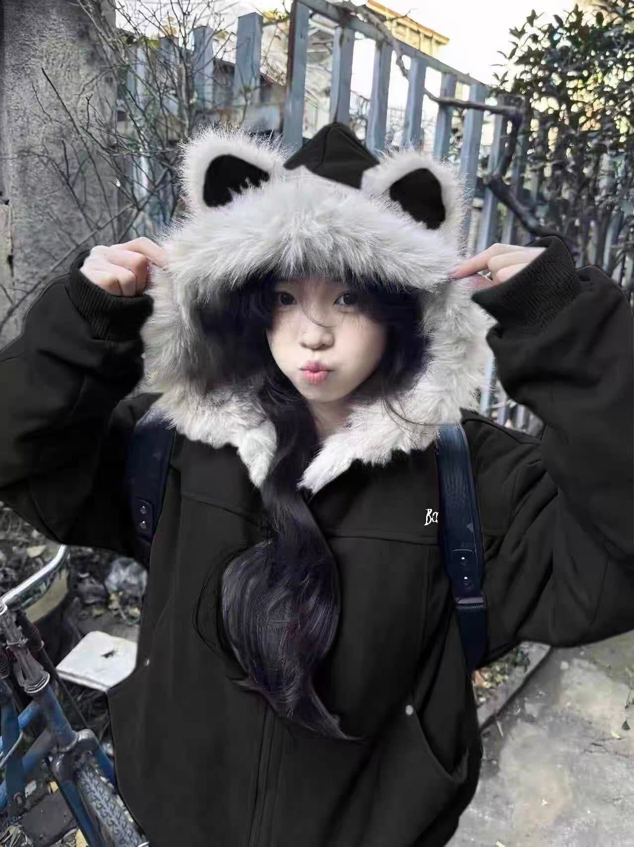 좌 산 조각 고양이 귀 머리 칼라 후드 면 의류 여성 겨울 새로운 아메리칸 쇼트 스타일 스웨이드 플리스 두꺼운 재킷 커플 이미지 4