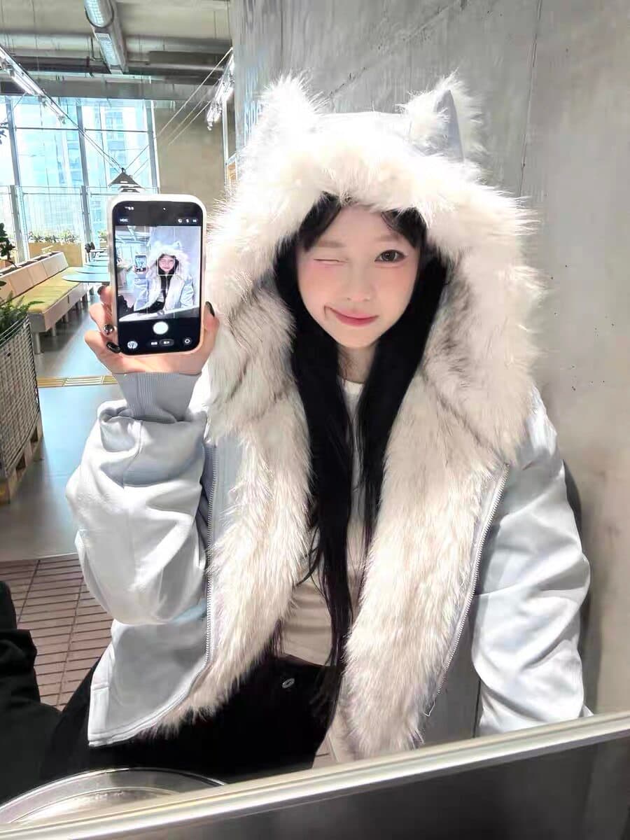 좌 산 조각 고양이 귀 머리 칼라 후드 면 의류 여성 겨울 새로운 아메리칸 쇼트 스타일 스웨이드 플리스 두꺼운 재킷 커플 상세 이미지 22