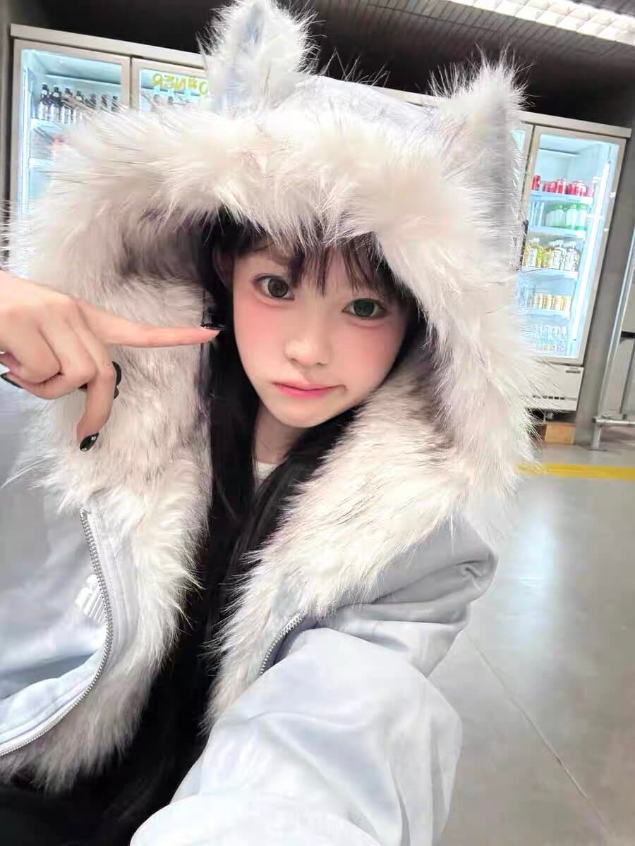 좌 산 조각 고양이 귀 머리 칼라 후드 면 의류 여성 겨울 새로운 아메리칸 쇼트 스타일 스웨이드 플리스 두꺼운 재킷 커플 상세 이미지 23