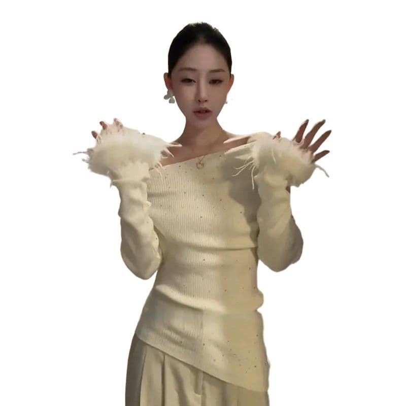 뮤 S 양모 순수한 욕망 바람 다이아몬드 세팅 비스듬한 어깨 니트 스웨터 가을 겨울 몸매 가꾸기 슬림해 보이는 분위기 센스 맨위 여성 이미지 5