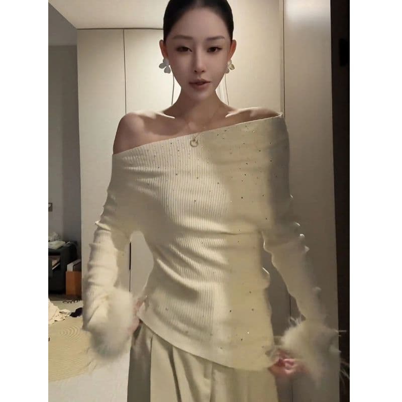 뮤 S 양모 순수한 욕망 바람 다이아몬드 세팅 비스듬한 어깨 니트 스웨터 가을 겨울 몸매 가꾸기 슬림해 보이는 분위기 센스 맨위 여성