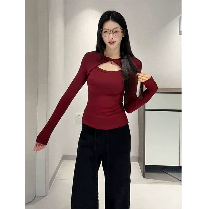 리브 De 플러시 디자인 센스 비틀림 홀로우 아웃 긍정적 인 어깨 긴팔 티셔츠 여성 가을 겨울 인사이드 가져 가라. 기본 셔츠 맨위 이미지 4