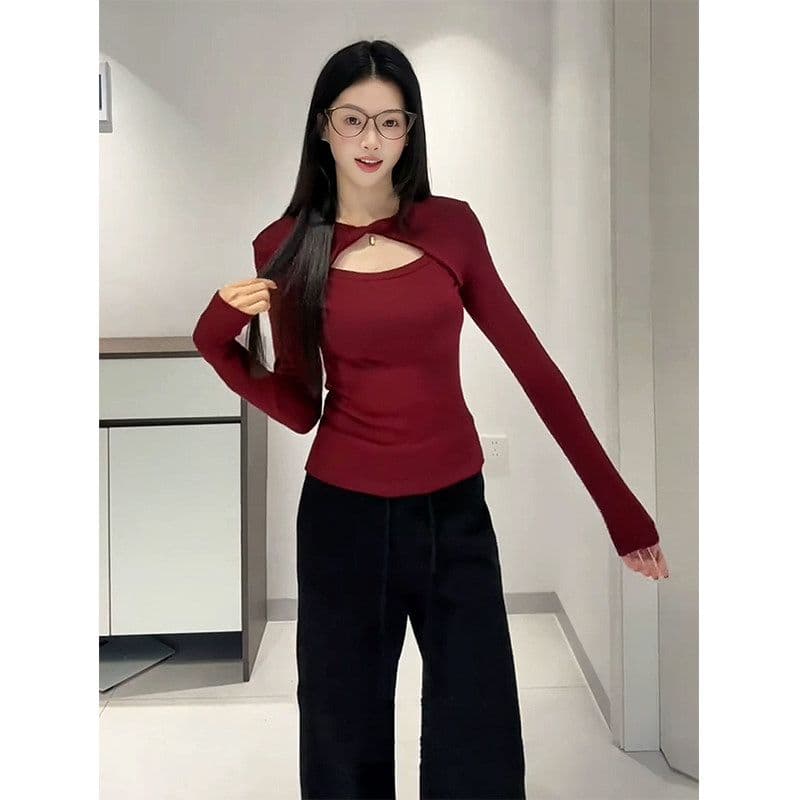 리브 De 플러시 디자인 센스 비틀림 홀로우 아웃 긍정적 인 어깨 긴팔 티셔츠 여성 가을 겨울 인사이드 가져 가라. 기본 셔츠 맨위 상세 이미지 4