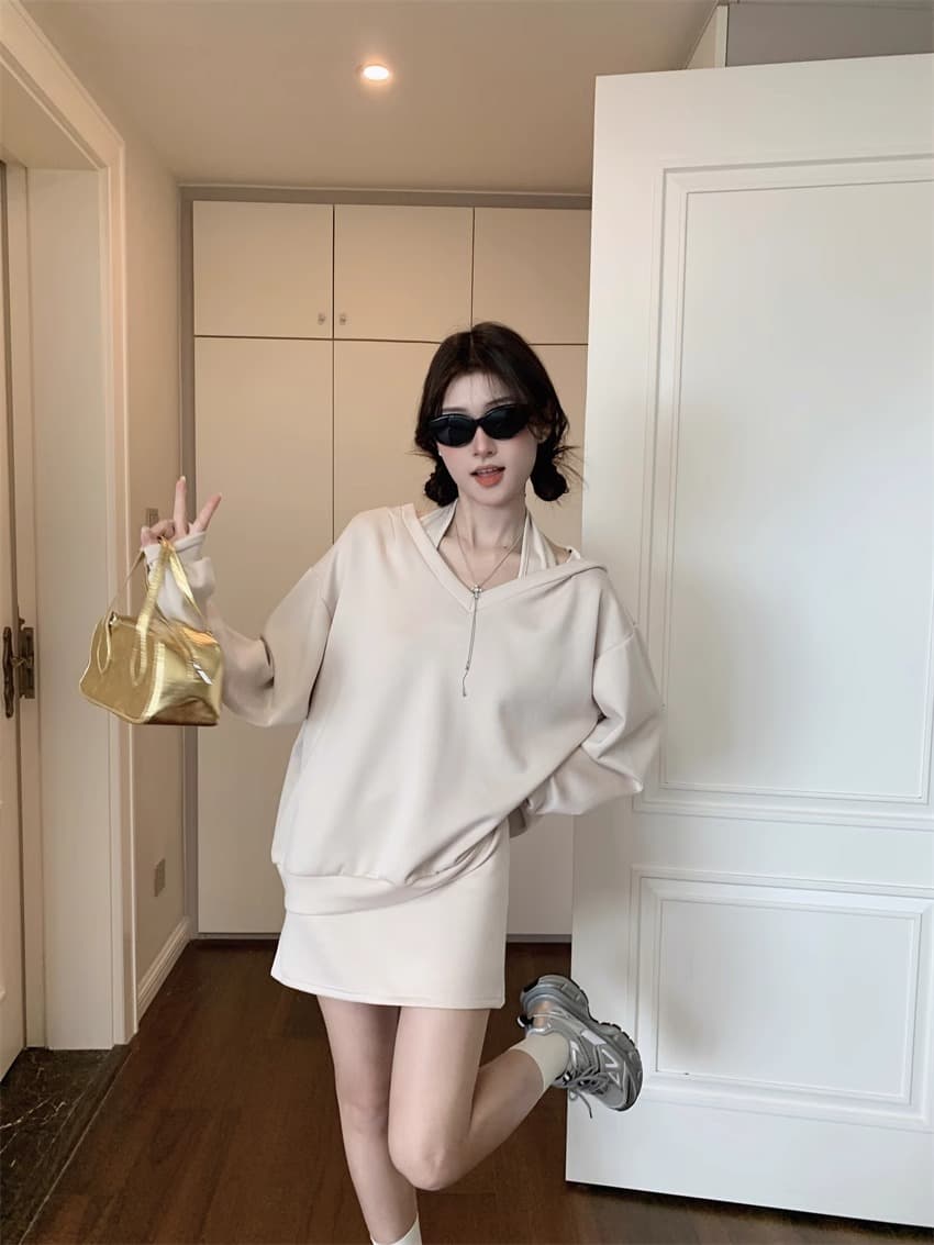 220 그램 사람들 면 빈 가스 층 참나무 늑골 단색 캐주얼 세트 여성 행침 목 후드 맨위 타이트 스커트 반신 스커트 상세 이미지 7