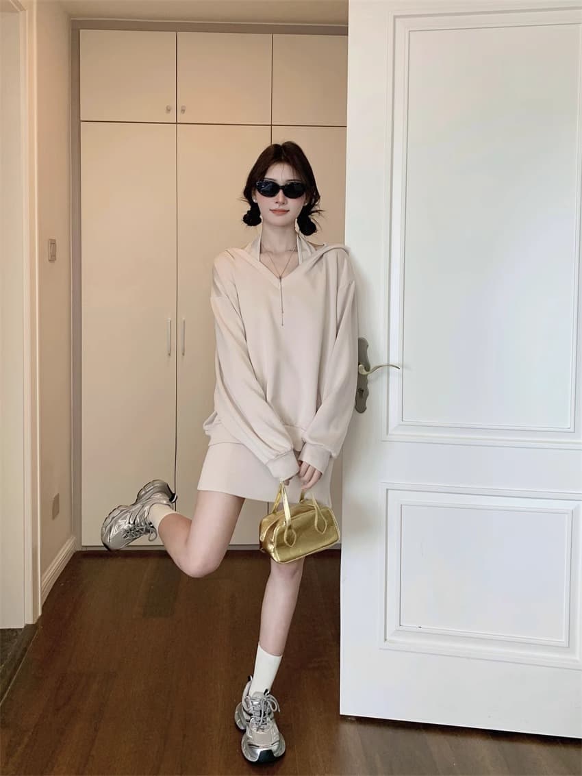 220 그램 사람들 면 빈 가스 층 참나무 늑골 단색 캐주얼 세트 여성 행침 목 후드 맨위 타이트 스커트 반신 스커트 상세 이미지 9
