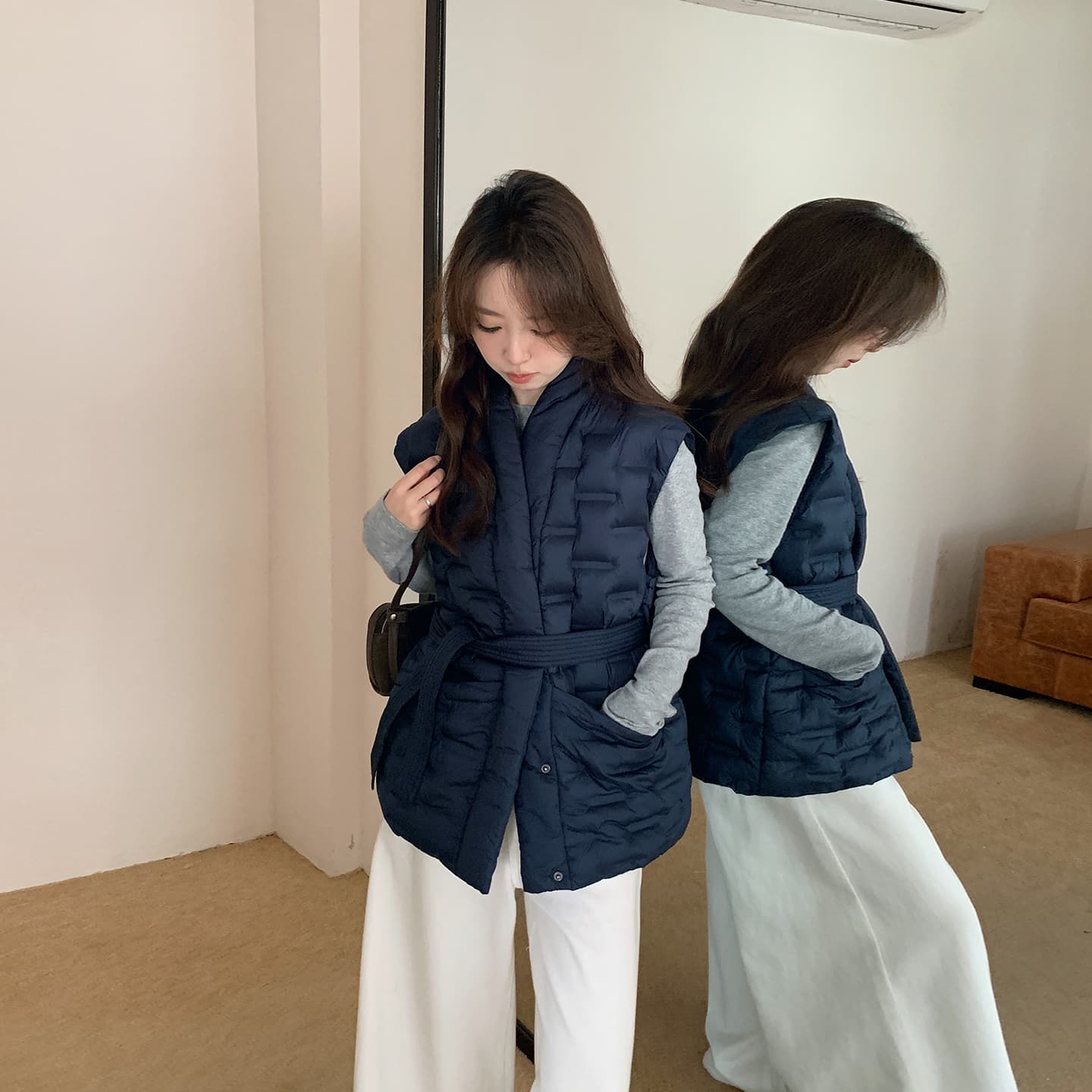 가을 겨울 조끼 압력 접착제 아래 면화 의류 여성 짧은 베스트 허리 수축 부서 벨트 몸매 가꾸기 조끼 자켓 이미지 2