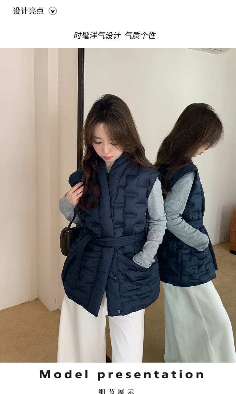 가을 겨울 조끼 압력 접착제 아래 면화 의류 여성 짧은 베스트 허리 수축 부서 벨트 몸매 가꾸기 조끼 자켓 상세 이미지 4