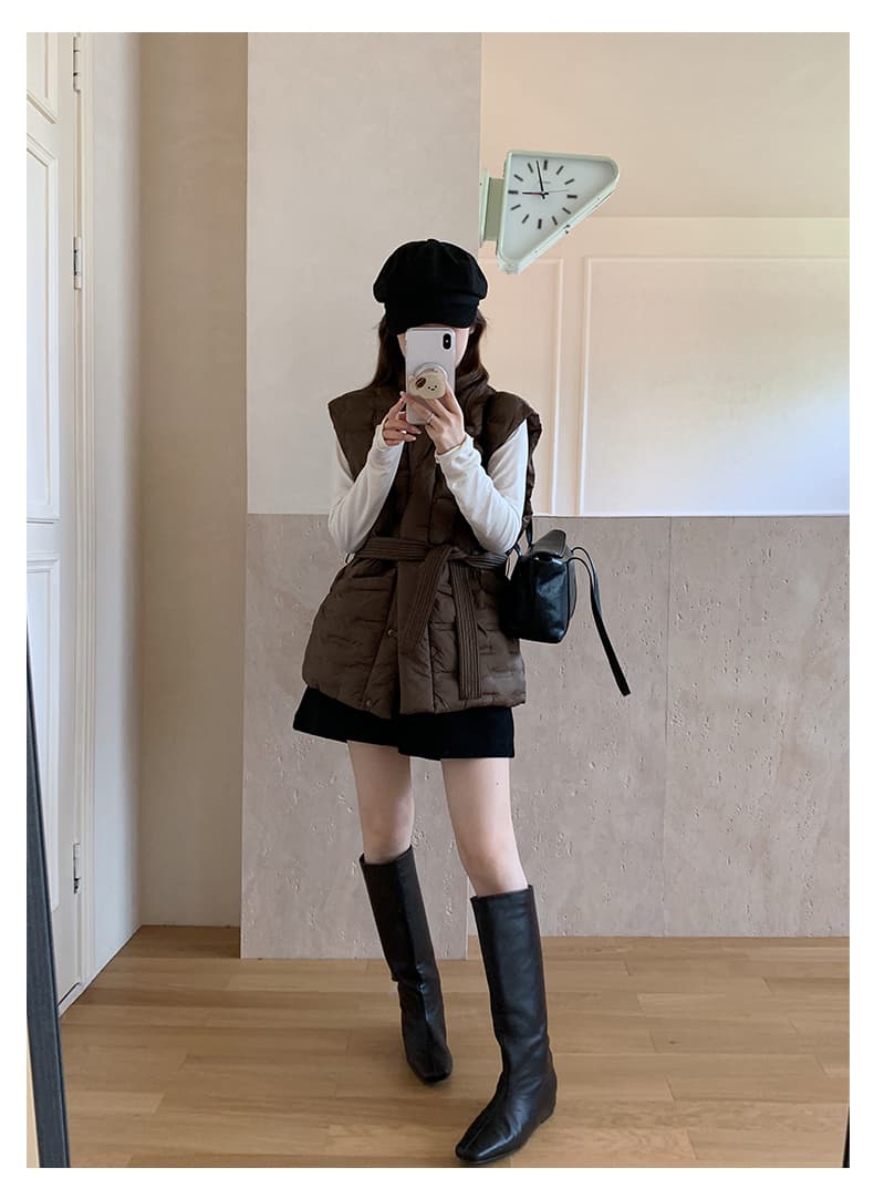 가을 겨울 조끼 압력 접착제 아래 면화 의류 여성 짧은 베스트 허리 수축 부서 벨트 몸매 가꾸기 조끼 자켓 상세 이미지 20