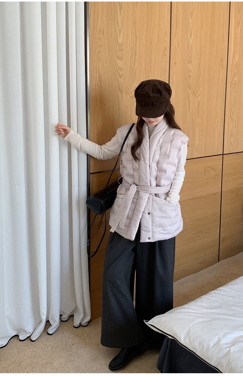 가을 겨울 조끼 압력 접착제 아래 면화 의류 여성 짧은 베스트 허리 수축 부서 벨트 몸매 가꾸기 조끼 자켓 상세 이미지 40