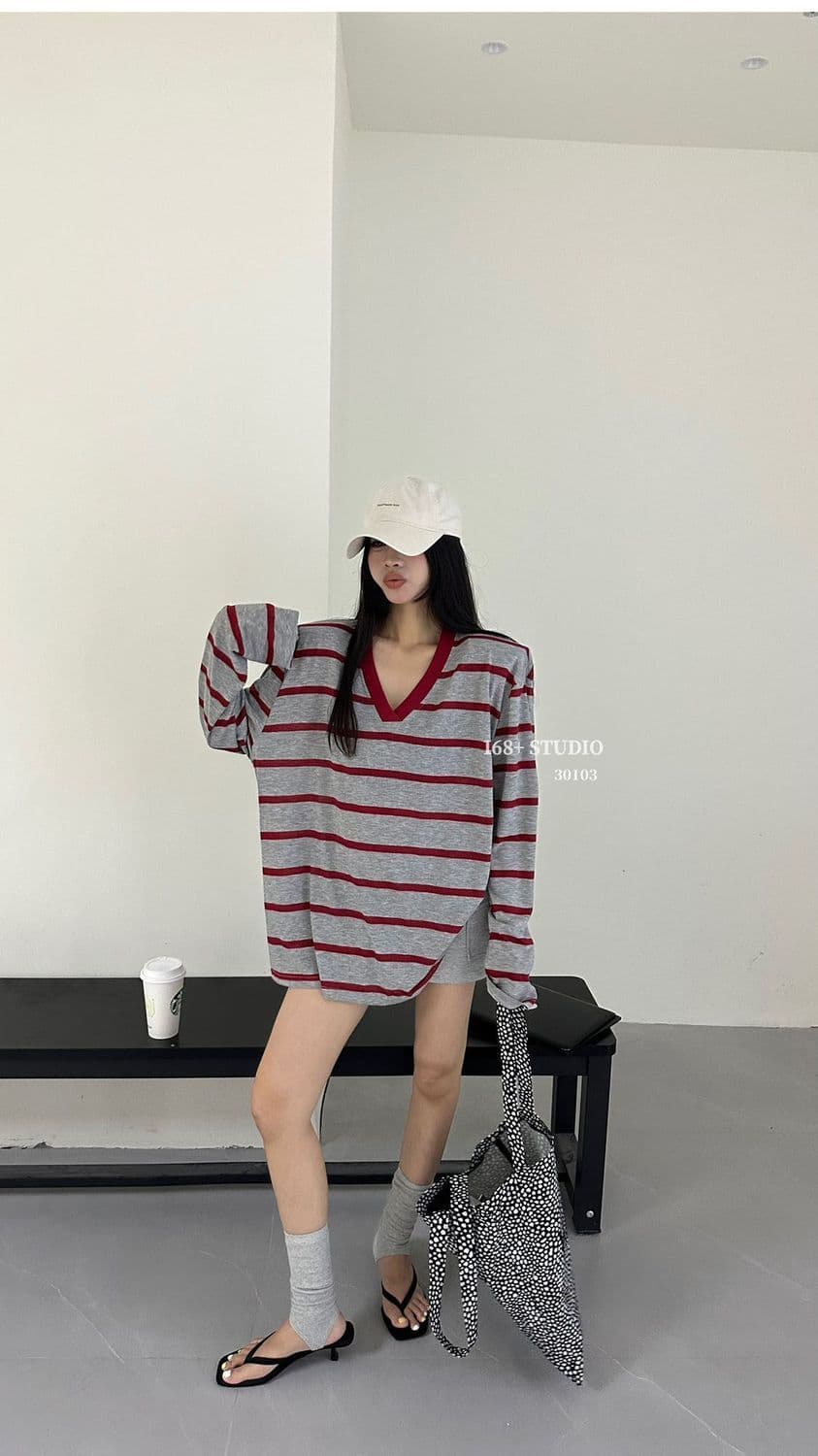 아메리칸 레트로 회색 빨간색 스트라이프 V넥 긴팔 티셔츠 여성 여름 루즈핏 슬림해 보이는 느긋한 바람 자외선 차단 맨위 중간 길이 상세 이미지 2