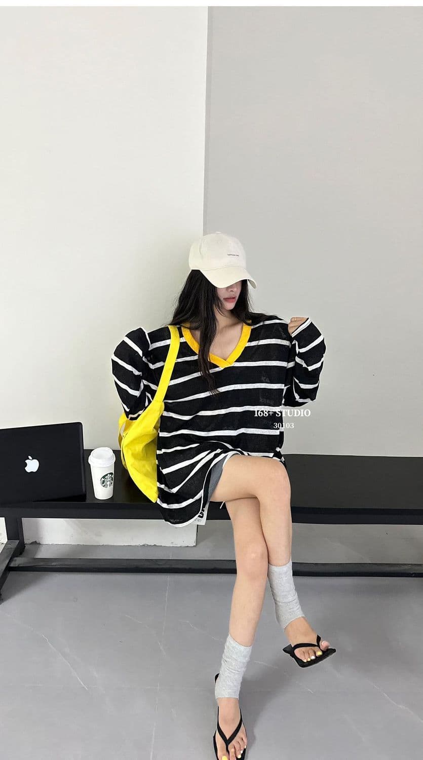 아메리칸 레트로 회색 빨간색 스트라이프 V넥 긴팔 티셔츠 여성 여름 루즈핏 슬림해 보이는 느긋한 바람 자외선 차단 맨위 중간 길이 상세 이미지 10