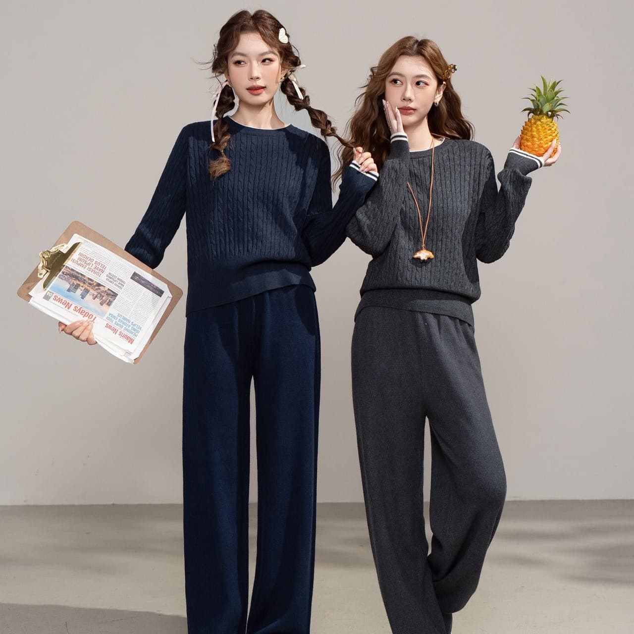 실사 여성 라운드 넥 니트 스웨터 바지 2026 가을 겨울 새로운 패션 다용도 오래된 돈 바람 투피스 세트 이미지 5