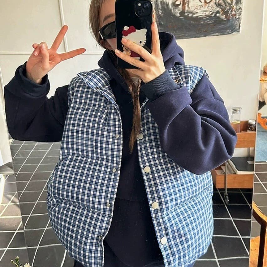 한 부서 고급 센스 파란색 체크무늬 다운 코트 조끼 여자 겨울 두꺼운 외출용 빵 목화 진딧물 재킷 맨위