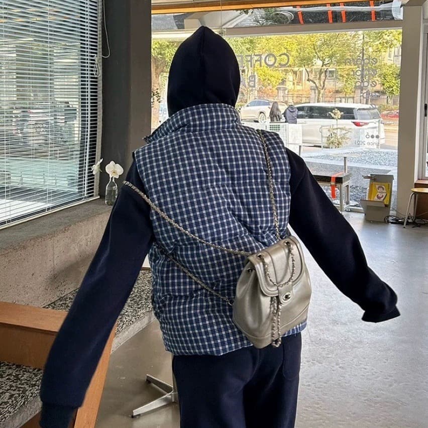한 부서 고급 센스 파란색 체크무늬 다운 코트 조끼 여자 겨울 두꺼운 외출용 빵 목화 진딧물 재킷 맨위 이미지 3