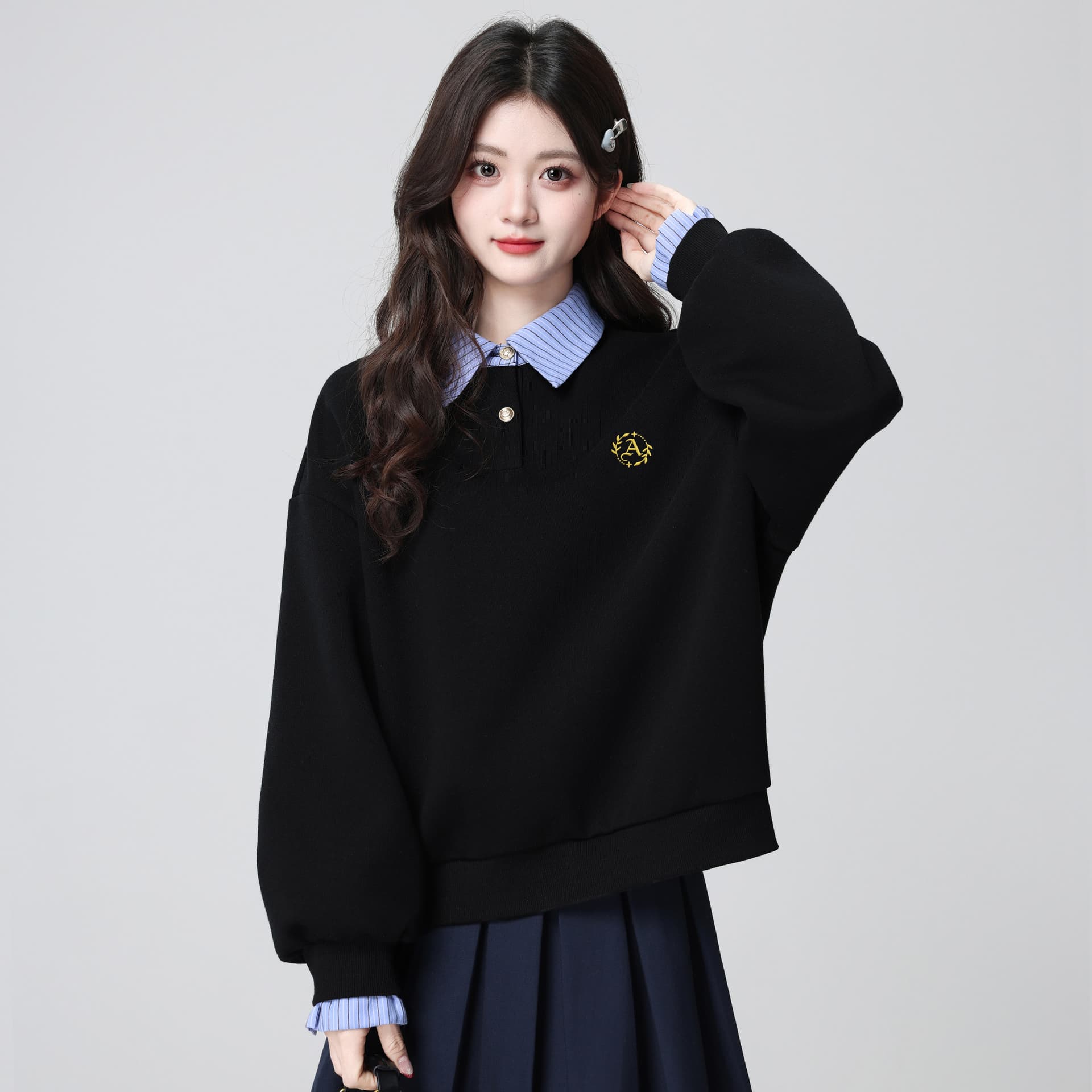 경관 그림 얇은 스타일 후드티 여성 가시 자수 봄 가을 새로운 한 부서 패치워크 루즈핏 페이크 레이어드 셔츠 칼라 맨위 이미지 3