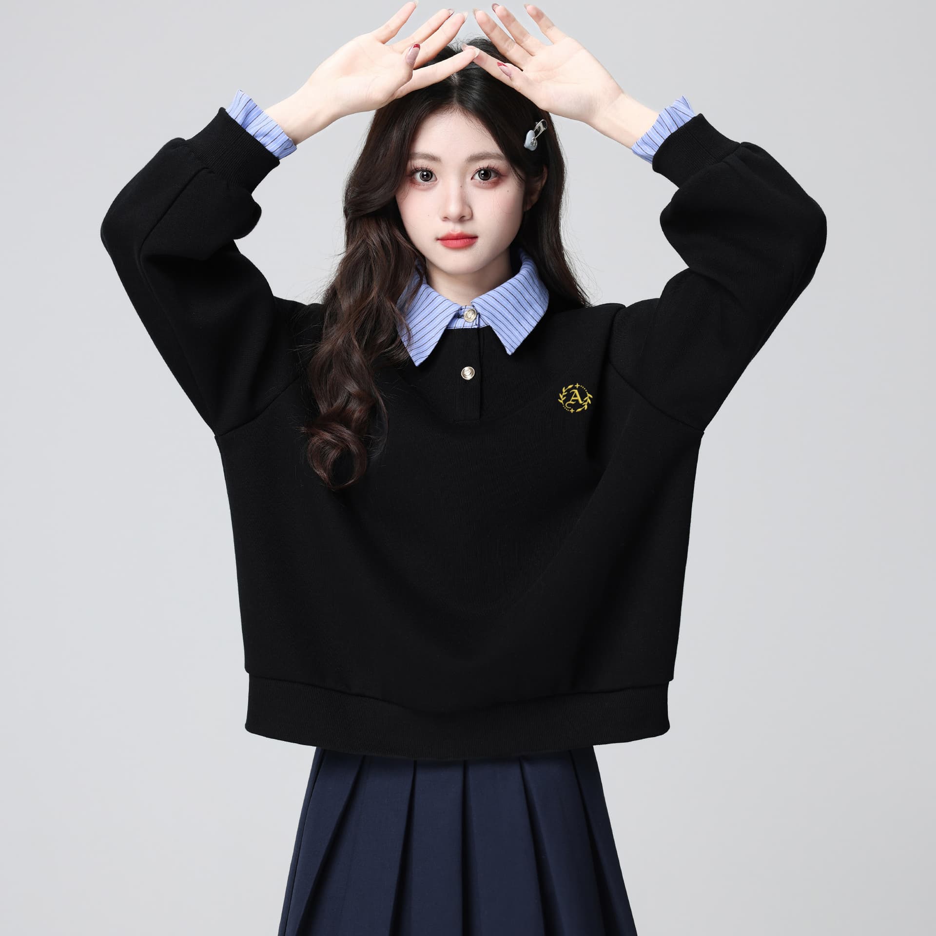경관 그림 얇은 스타일 후드티 여성 가시 자수 봄 가을 새로운 한 부서 패치워크 루즈핏 페이크 레이어드 셔츠 칼라 맨위 상세 이미지 2