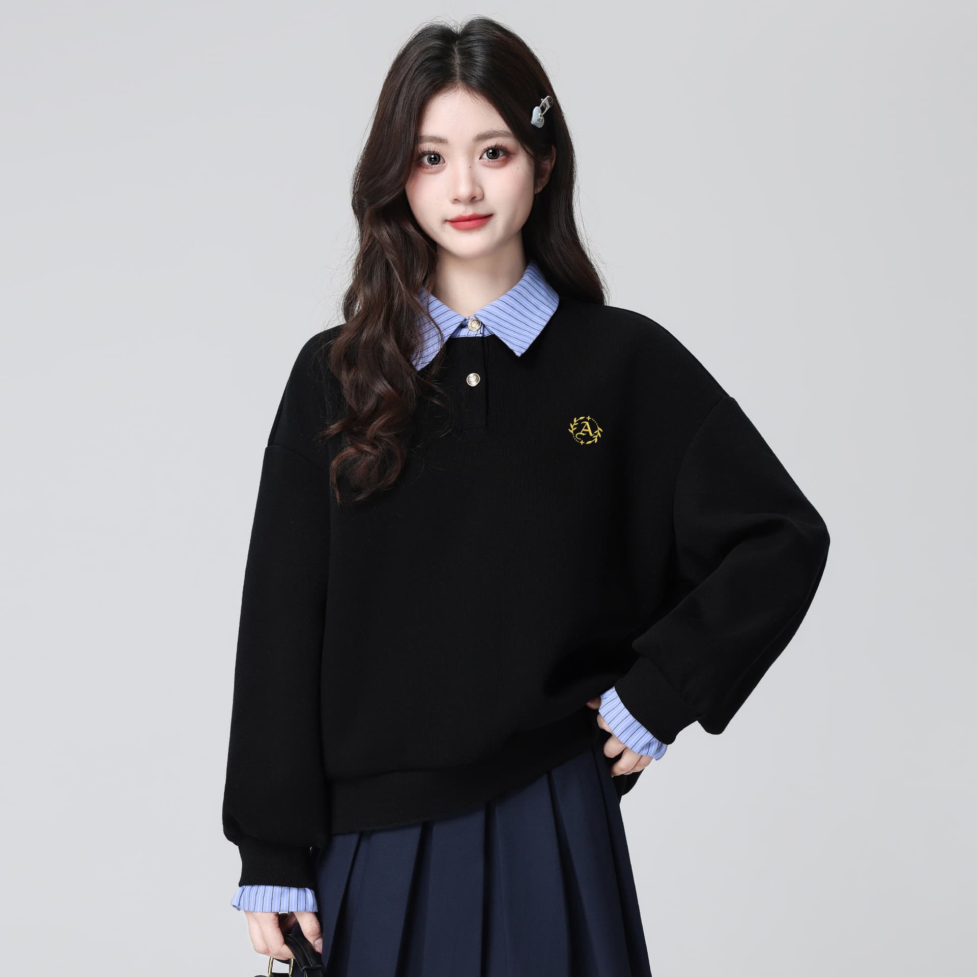 경관 그림 얇은 스타일 후드티 여성 가시 자수 봄 가을 새로운 한 부서 패치워크 루즈핏 페이크 레이어드 셔츠 칼라 맨위 상세 이미지 4