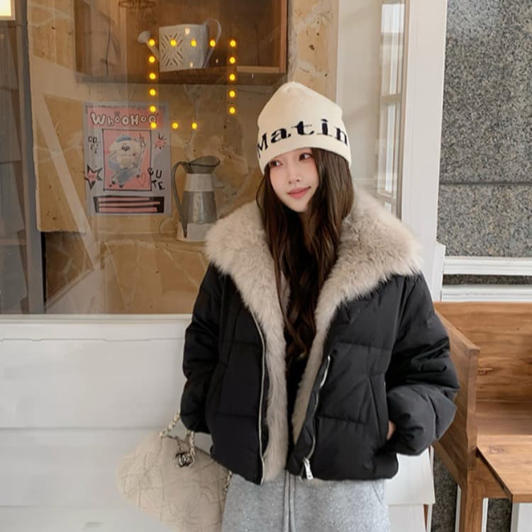 학원 패치워크 쇼트 스타일 아래 면화 의류 여성 모방 여우 모피 칼라 루즈핏 두꺼운 작은 키 한국 스타일 빵 외투 이미지 5