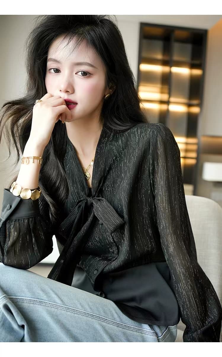 고차 디자인 센스 2026 봄 가을 새로운 프랑스식 허리 수축 나비 매듭 패치워크 우아함 품격 셔츠 상세 이미지 24