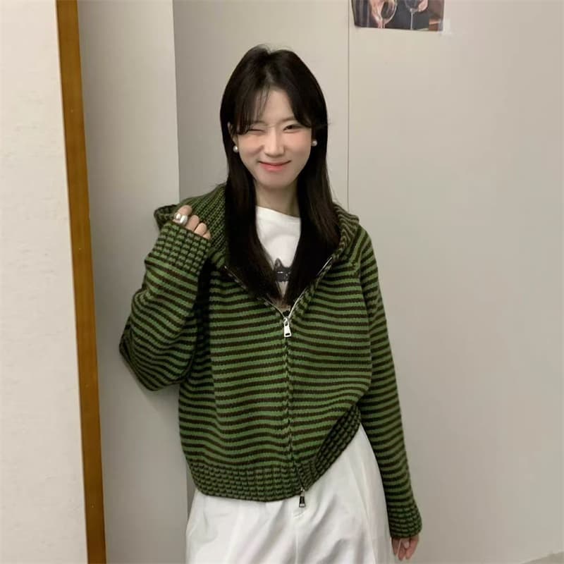 한 부서 배색 스트라이프 지퍼 후드 니트 오픈 가디건 가을 겨울철 새로운 루즈핏 느긋한 스웨터 맨위 여성 코트 이미지 2