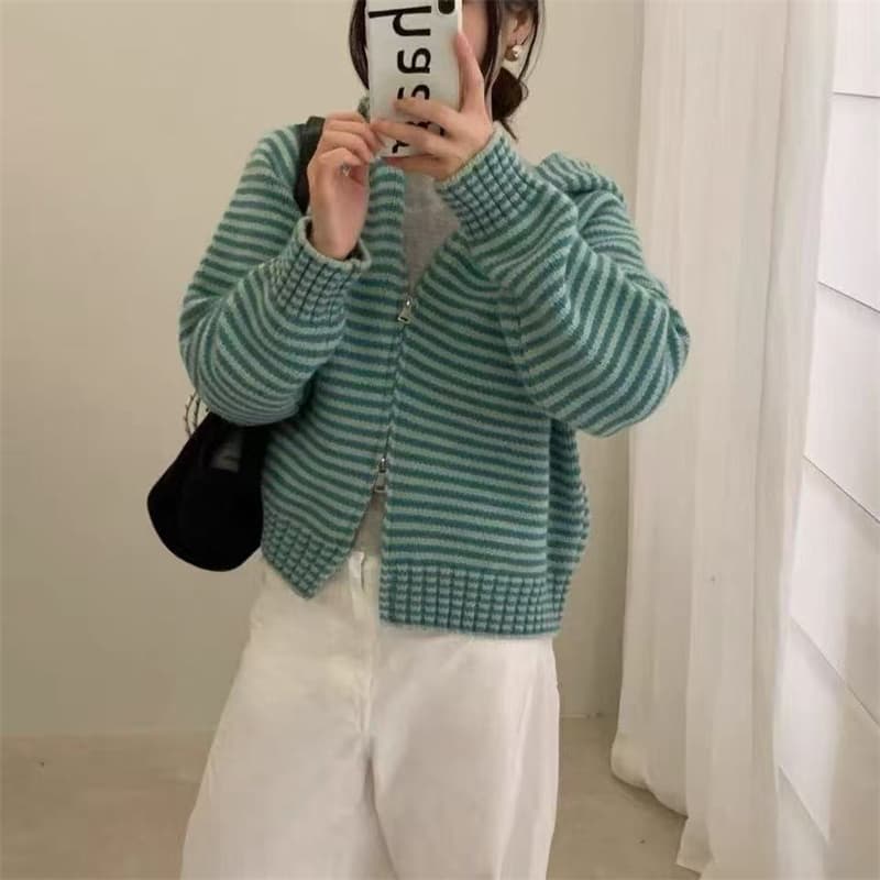 한 부서 배색 스트라이프 지퍼 후드 니트 오픈 가디건 가을 겨울철 새로운 루즈핏 느긋한 스웨터 맨위 여성 코트 상세 이미지 14