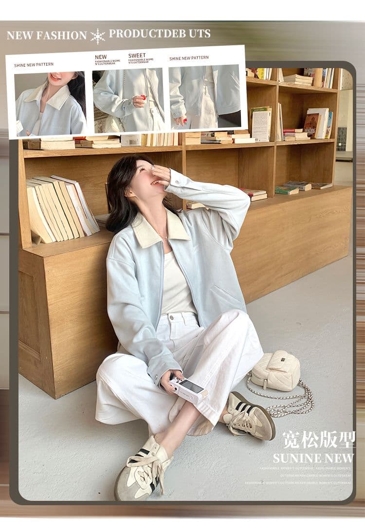 고유 한 슈퍼 잘 생긴 봄 가을 여성 코트 2026 새로운 작은 키 폴로 칼라 알파벳 자수 스웨이드 원단 재킷 맨위 상세 이미지 4