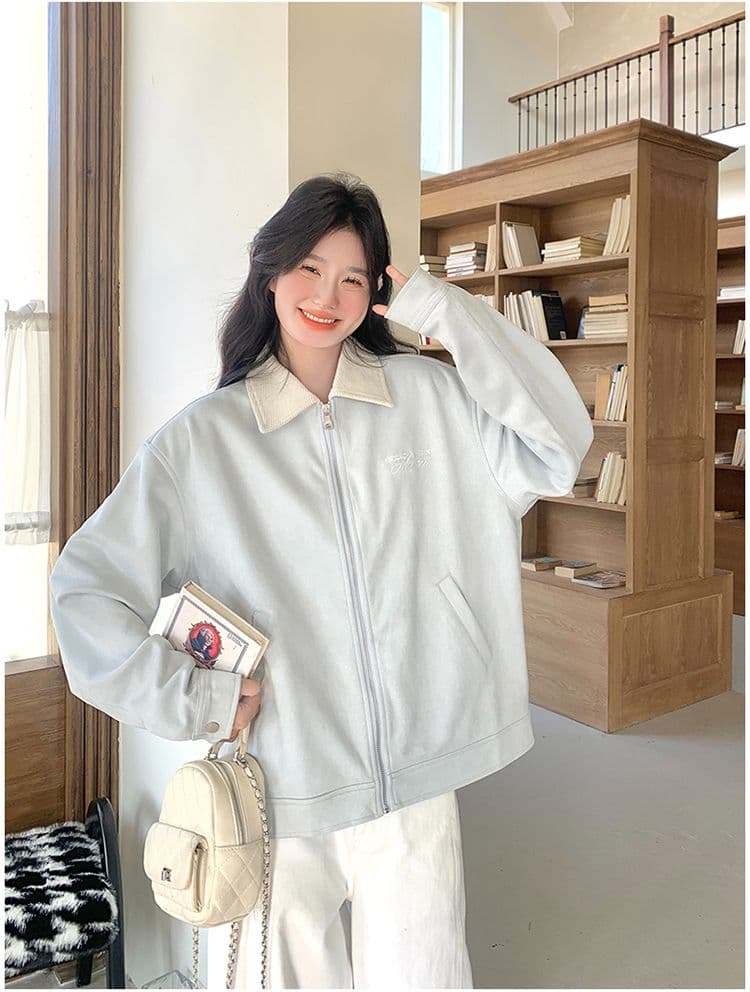 고유 한 슈퍼 잘 생긴 봄 가을 여성 코트 2026 새로운 작은 키 폴로 칼라 알파벳 자수 스웨이드 원단 재킷 맨위 상세 이미지 14