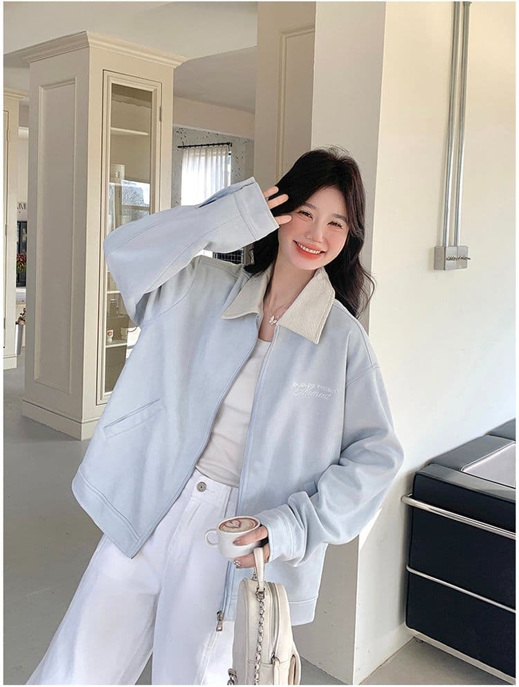 고유 한 슈퍼 잘 생긴 봄 가을 여성 코트 2026 새로운 작은 키 폴로 칼라 알파벳 자수 스웨이드 원단 재킷 맨위 상세 이미지 15