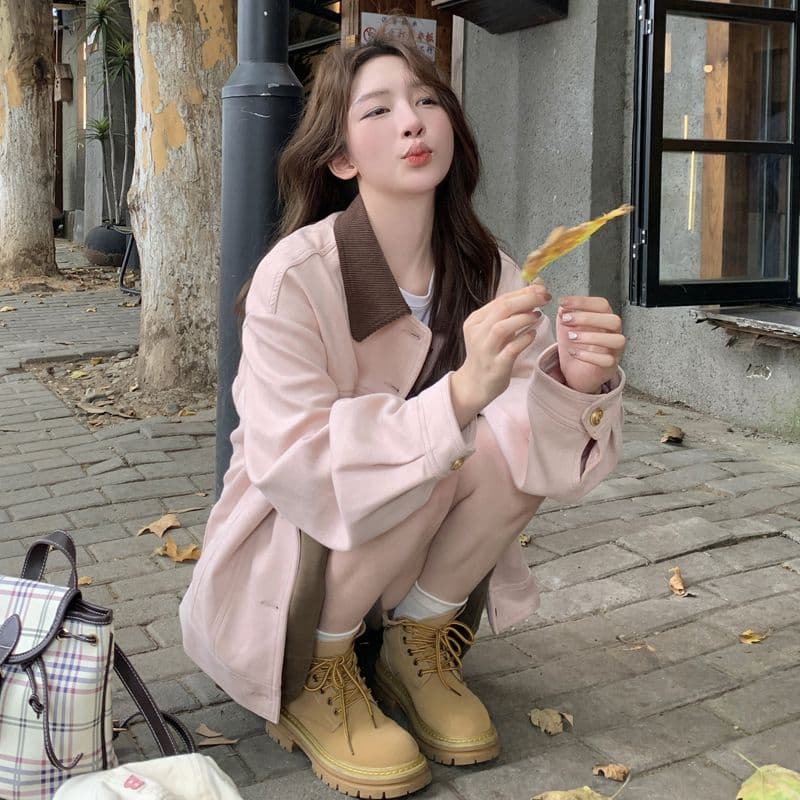 핑크색 스웨이드 원단 워크웨어 여성 코트 봄 가을 2026 새로운 달콤함 작은 키 학원 스타일 캐주얼 재킷 맨위