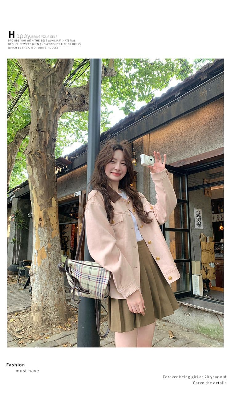 핑크색 스웨이드 원단 워크웨어 여성 코트 봄 가을 2026 새로운 달콤함 작은 키 학원 스타일 캐주얼 재킷 맨위 상세 이미지 5