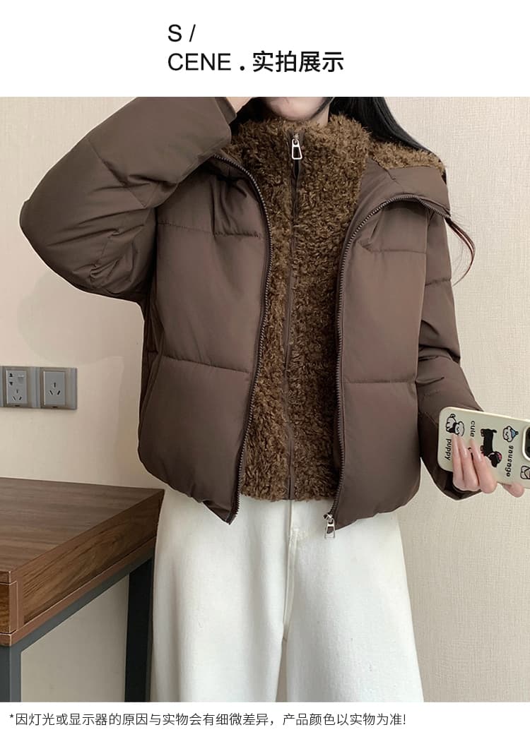 2026 겨울 신제품 페이크 레이어드 여성 의류 쇼트 스타일 더블 칼라 긴팔 스탠드 칼라 플리스 후드 면 의류 바람막이 상세 이미지 13