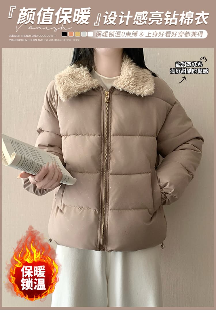 한국 스타일 두꺼운 보온 쇼트 스타일 면 옷 여성 겨울 모피 칼라 루즈핏 슬림해 보이는 다용도 연령 감소 면 의류 재킷 목화 진딧물 트렌디 상세 이미지 1