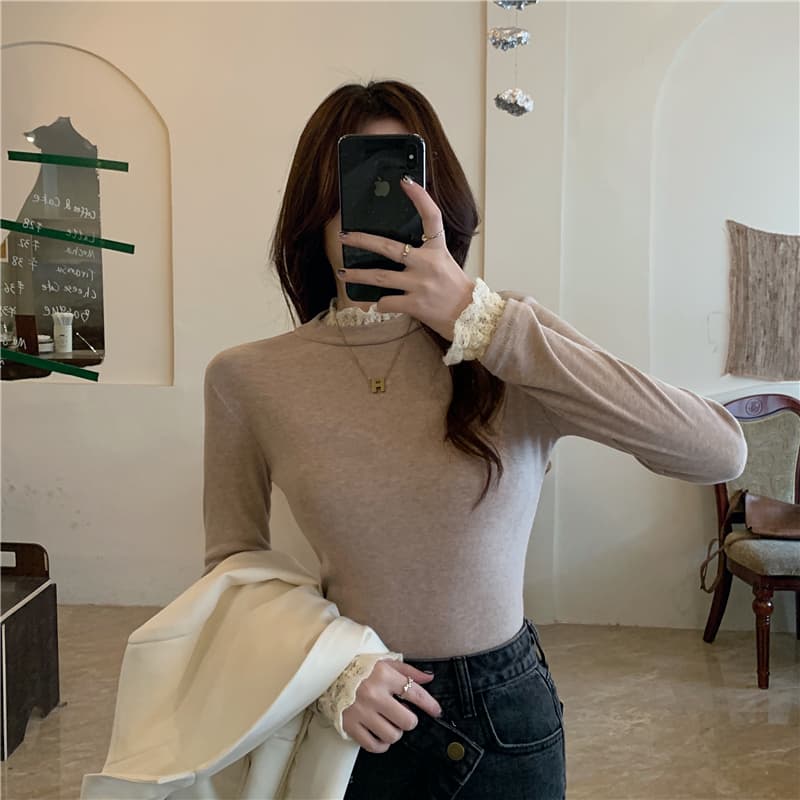 실사 원본 것 양모 플리스 기본 셔츠 반하이넥 가을 겨울철 새로운 긴팔 레이스 인사이드 가져 가라. 여성 상세 이미지 10
