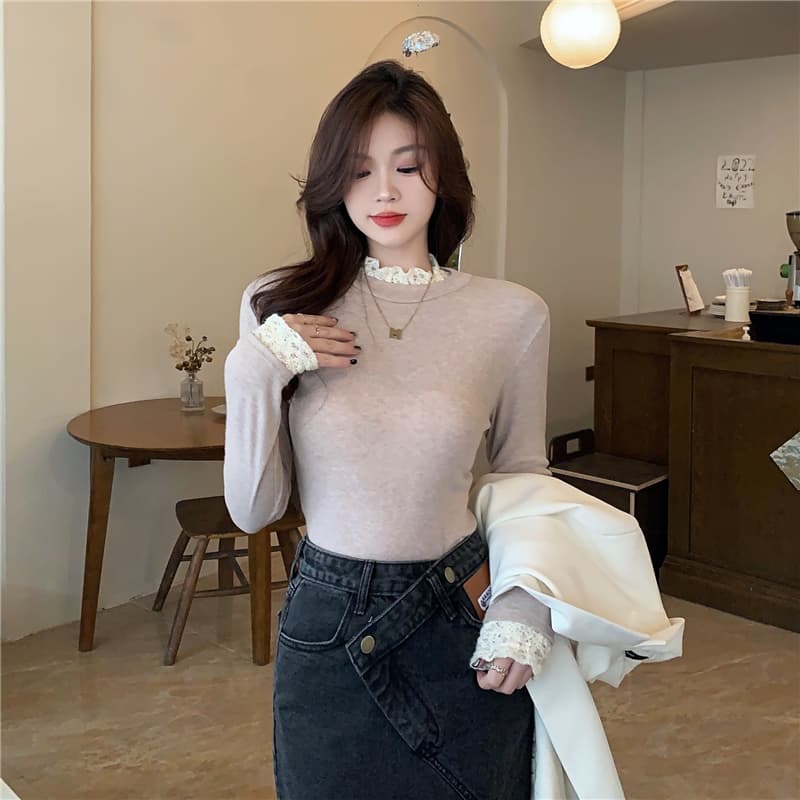 실사 원본 것 양모 플리스 기본 셔츠 반하이넥 가을 겨울철 새로운 긴팔 레이스 인사이드 가져 가라. 여성 상세 이미지 12